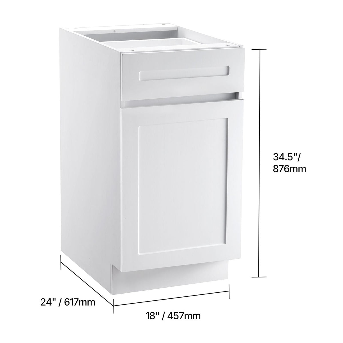 White Shaker Base Cabinet with Drawer, 18-Inch Unassembled Drawer Base Cabinet, 18" W x 24" D x 34.5" H Ready to Assemble Cabinet with Soft-Close Door and Adjustable Shelf, for Home Office