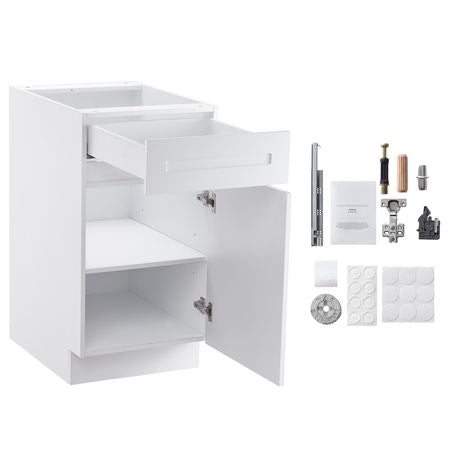 White Shaker Base Cabinet with Drawer, 18-Inch Unassembled Drawer Base Cabinet, 18" W x 24" D x 34.5" H Ready to Assemble Cabinet with Soft-Close Door and Adjustable Shelf, for Home Office