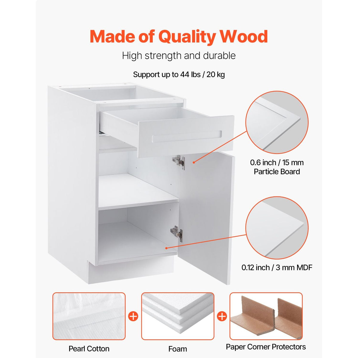 White Shaker Base Cabinet with Drawer, 18-Inch Unassembled Drawer Base Cabinet, 18" W x 24" D x 34.5" H Ready to Assemble Cabinet with Soft-Close Door and Adjustable Shelf, for Home Office