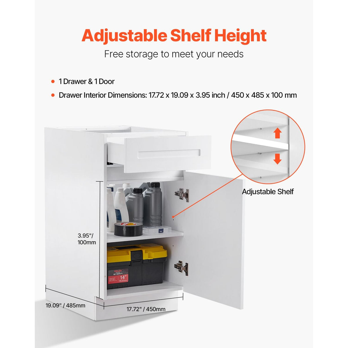 White Shaker Base Cabinet with Drawer, 18-Inch Unassembled Drawer Base Cabinet, 18" W x 24" D x 34.5" H Ready to Assemble Cabinet with Soft-Close Door and Adjustable Shelf, for Home Office