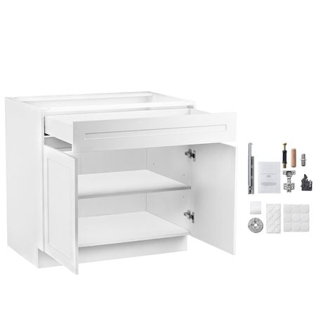White Shaker Base Cabinet with Drawer, 30-Inch Unassembled Drawer Base Cabinet, 30" W x 24" D x 34.5" H Ready to Assemble Cabinet with Soft-Close Doors and Adjustable Shelf, for Home Office