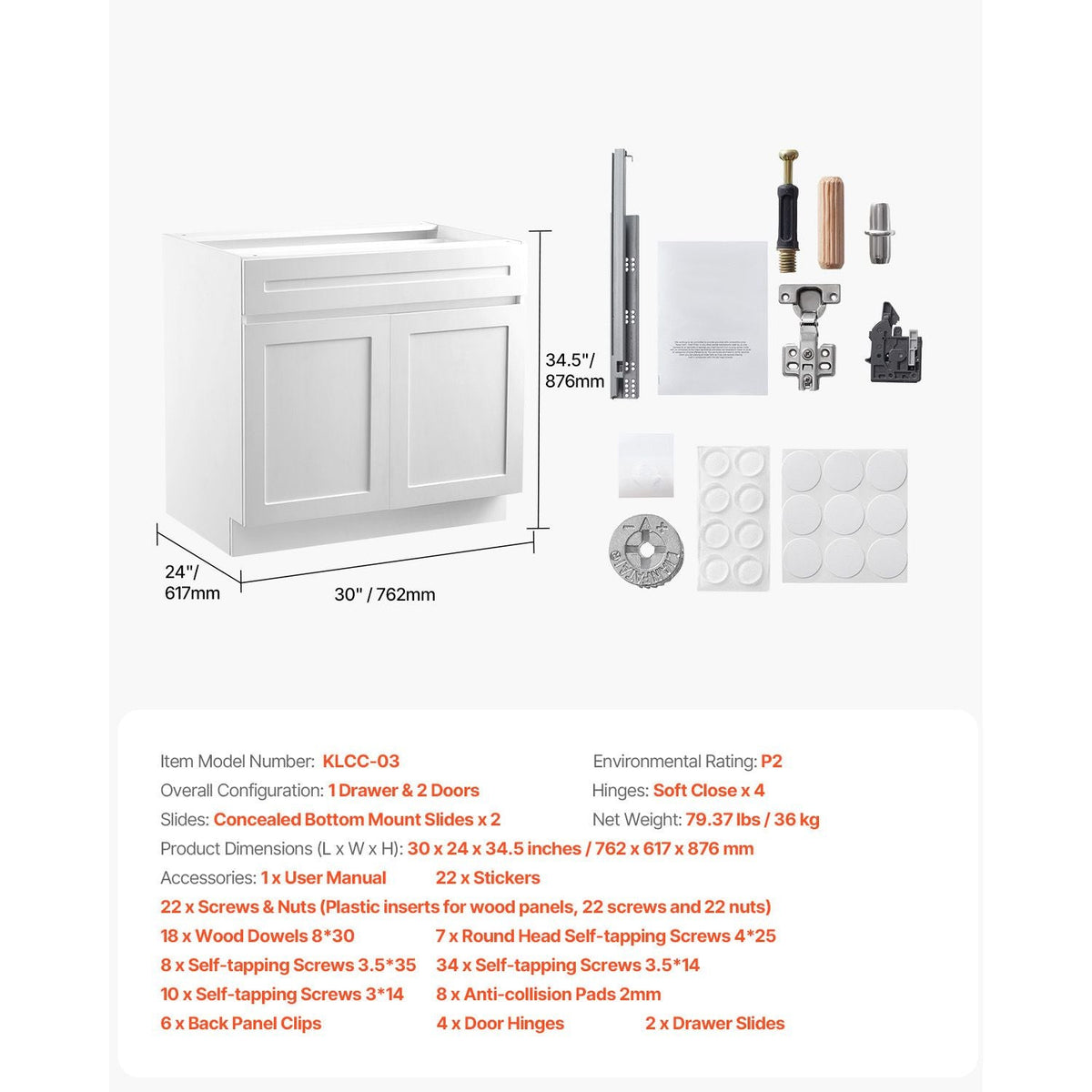 White Shaker Base Cabinet with Drawer, 30-Inch Unassembled Drawer Base Cabinet, 30" W x 24" D x 34.5" H Ready to Assemble Cabinet with Soft-Close Doors and Adjustable Shelf, for Home Office