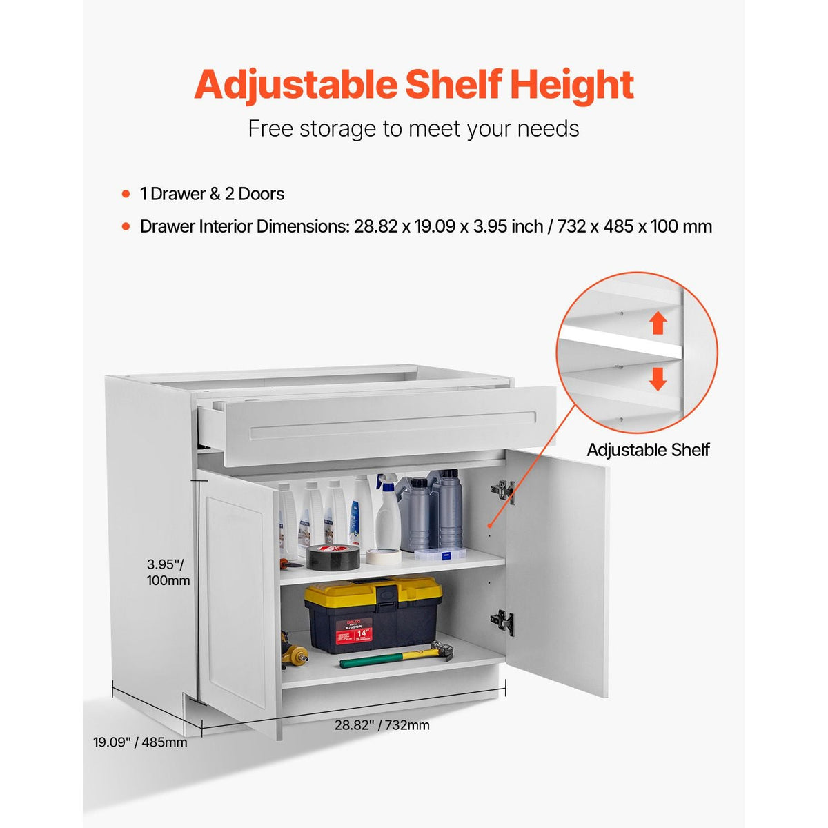 White Shaker Base Cabinet with Drawer, 30-Inch Unassembled Drawer Base Cabinet, 30" W x 24" D x 34.5" H Ready to Assemble Cabinet with Soft-Close Doors and Adjustable Shelf, for Home Office