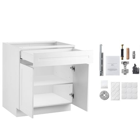 White Shaker Base Cabinet with Drawer, 36-Inch Unassembled Drawer Base Cabinet, 36" W x 24" D x 34.5" H Ready to Assemble Cabinet with Soft-Close Doors and Adjustable Shelf, for Home Office