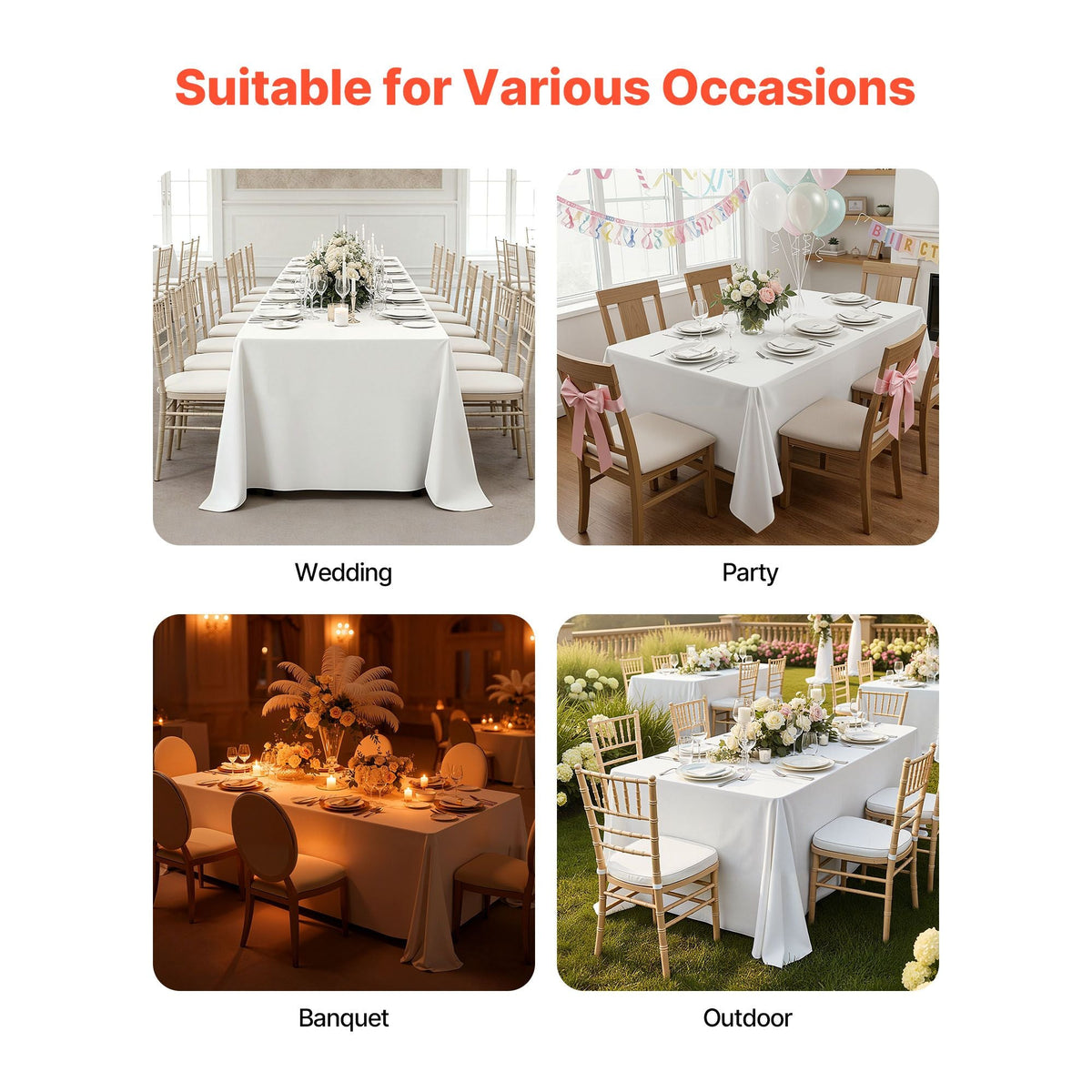 White Tablecloths for Rectangle Tables, 10 Pack, 70 x 120 Inches, Reusable and Machine Washable Table Clothes, Wrinkle-Resistant Polyester Fabric Table Covers for Wedding, Party, Banquet