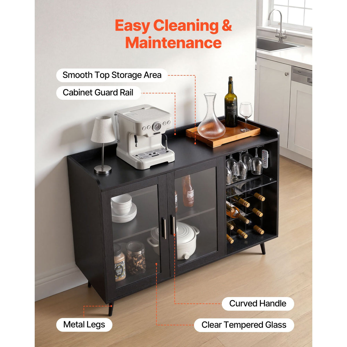 Wine Cabinet, Coffee Bar Cabinet with 9 Wine Bottle Racks, Modern Buffet Sideboard with Glass Holder, Adjustable LED Brightness, for Home Kitchen, Living Room, Dining Room, Black Wood Grain