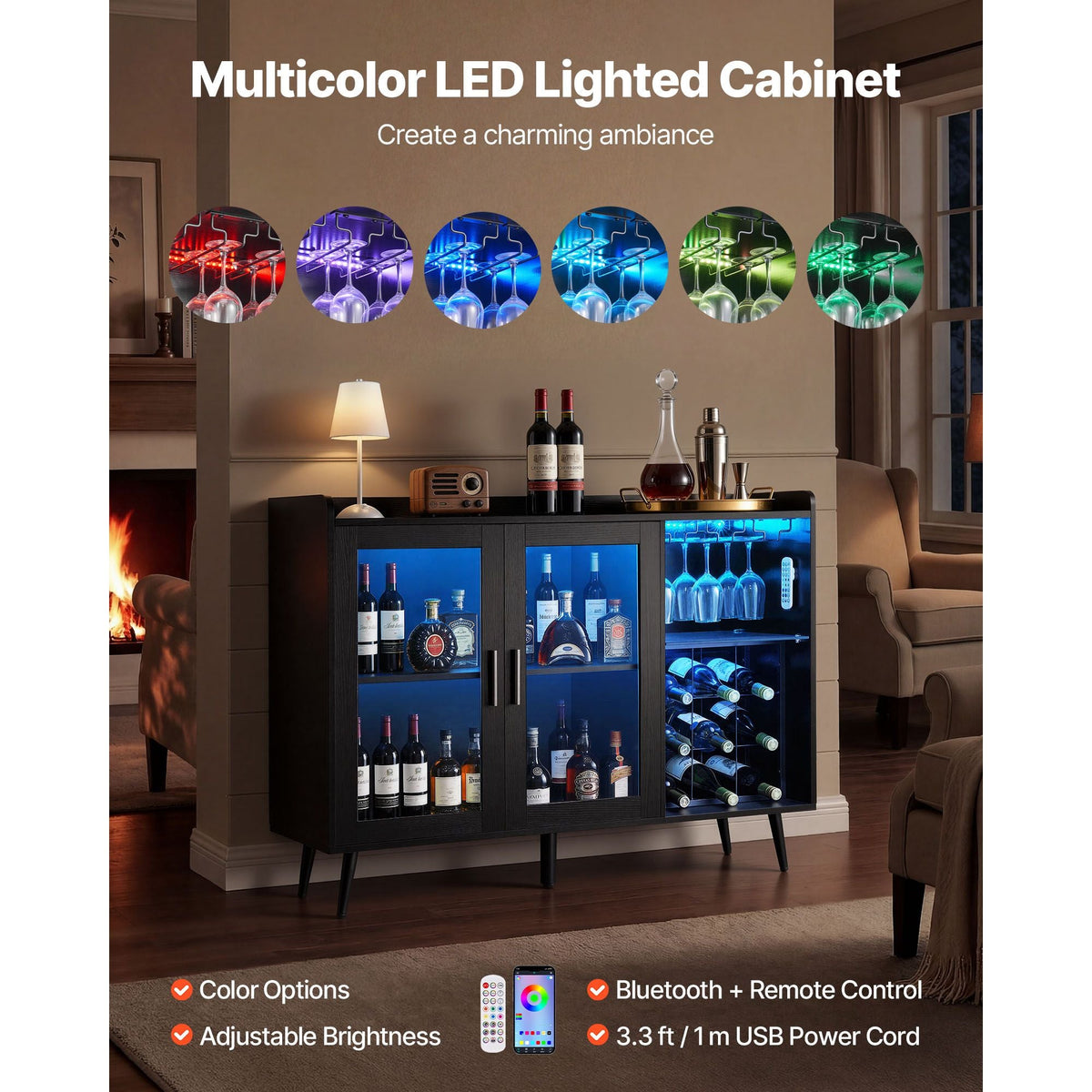 Wine Cabinet, Coffee Bar Cabinet with 9 Wine Bottle Racks, Modern Buffet Sideboard with Glass Holder, Adjustable LED Brightness, for Home Kitchen, Living Room, Dining Room, Black Wood Grain