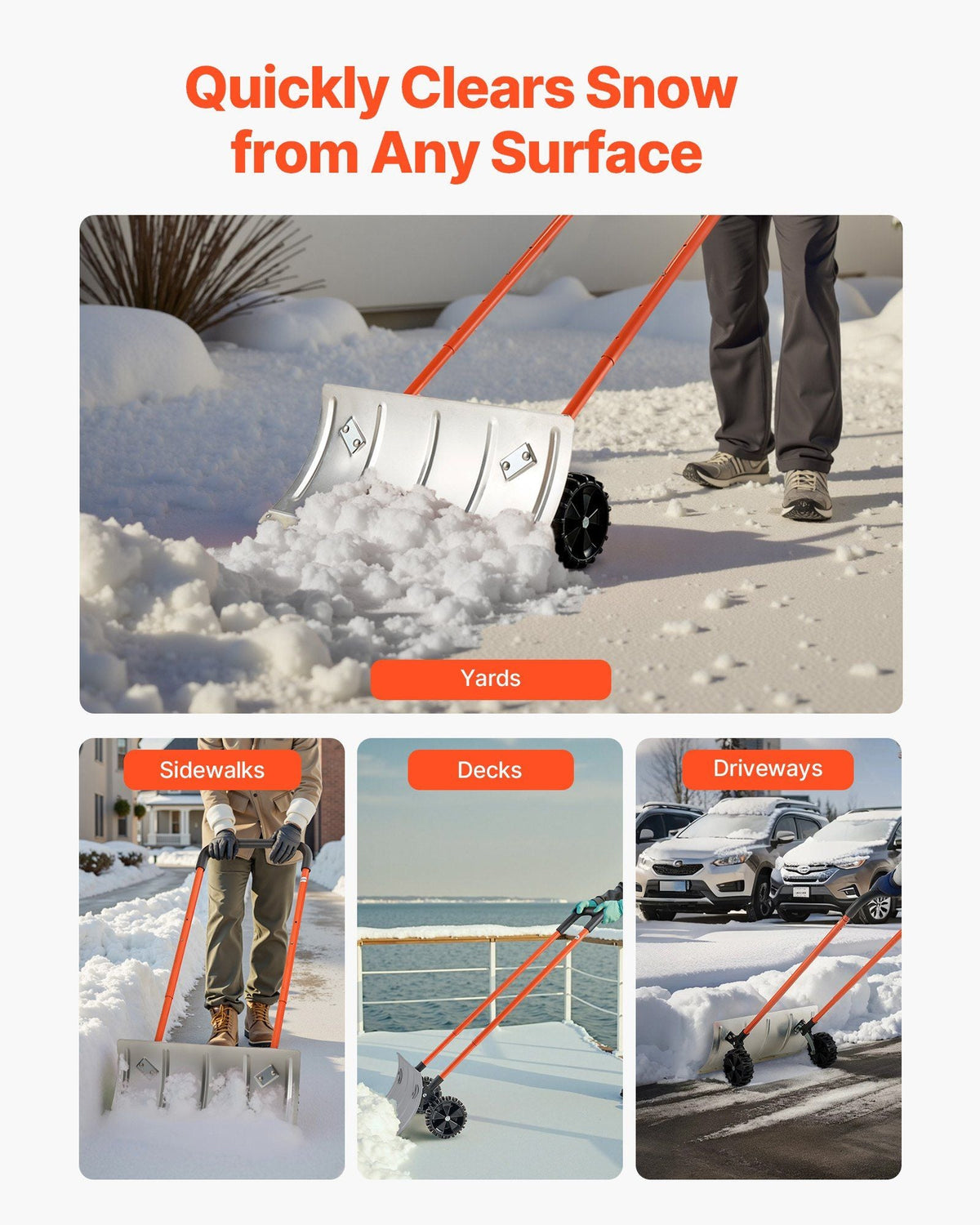 Winter Snow Pusher Shovel with Wheels 24 in Durable Metal Snow Plow for Driveway