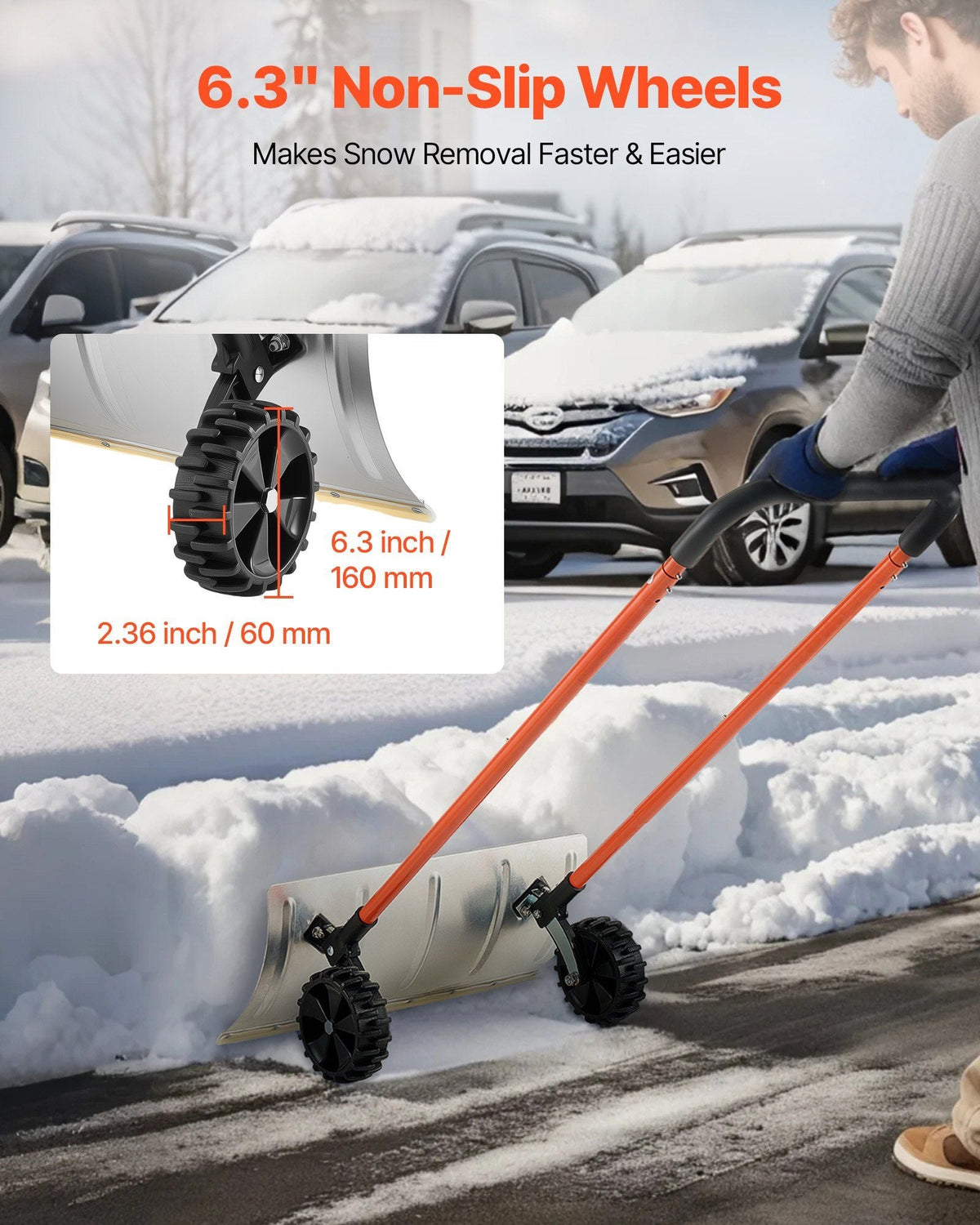 Winter Snow Pusher Shovel with Wheels 24 in Durable Metal Snow Plow for Driveway