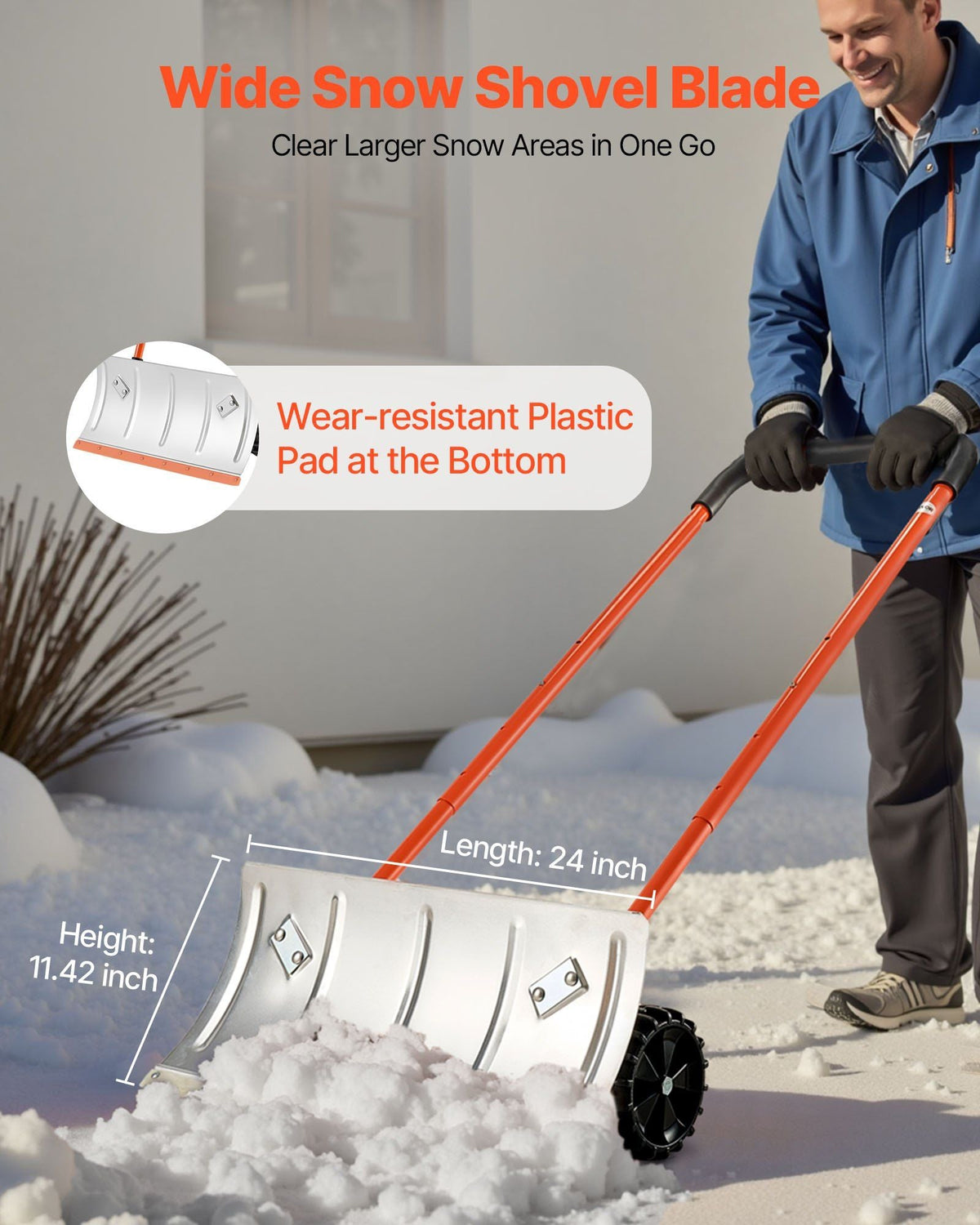 Winter Snow Pusher Shovel with Wheels 24 in Durable Metal Snow Plow for Driveway