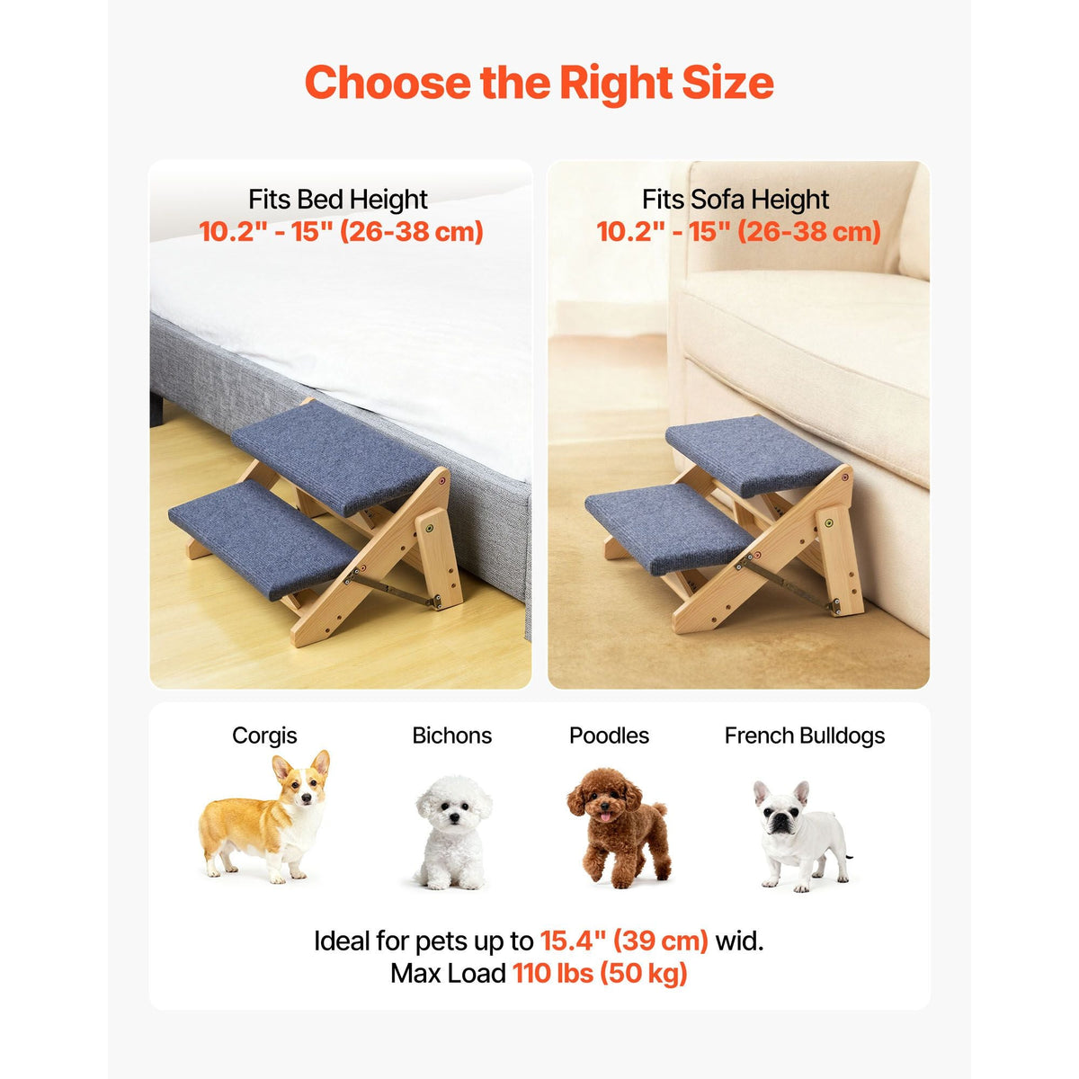 Wood Pet Stairs, 2-Step Dog Stairs for Beds, Sofa & Cars, 110lbs Load Capacity, Floded Flat Design, Stable & Sturdy Cat & Dog Step Ladder for Small Medium Large Older Pet Puppy Essentials