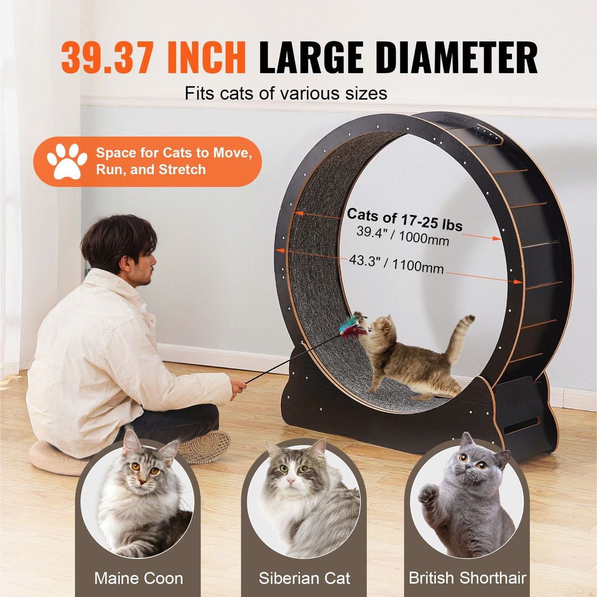 Wooden Cat Exercise Wheel, 43.3" Large Cat Treadmill Wheel for Indoor Cats, Cat Running Wheel with Detachable Carpet & Cat Teaser for Running/Walking/Training, Suitable for Most Cats Black