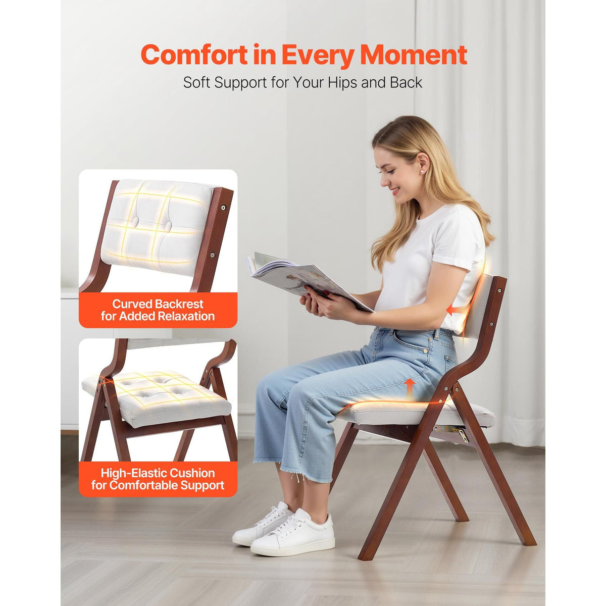 Wooden Folding Chairs with Cushion, Set of 2, Portable Foldable Cushion Chair with Wooden Frame, Modern Padded Dining Chair for Kitchen, Office, Wedding, Party, Dining Room, Easy Assembly, White