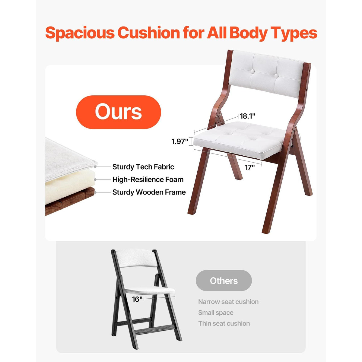 Wooden Folding Chairs with Cushion, Set of 2, Portable Foldable Cushion Chair with Wooden Frame, Modern Padded Dining Chair for Kitchen, Office, Wedding, Party, Dining Room, Easy Assembly, White