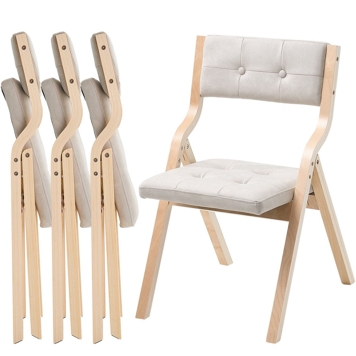 Wooden Folding Chairs with Cushion, Set of 4, Portable Foldable Cushion Chair with Wooden Frame, Modern Padded Dining Chair for Kitchen, Office, Wedding, Party, Dining Room, Easy Assembly, Beige