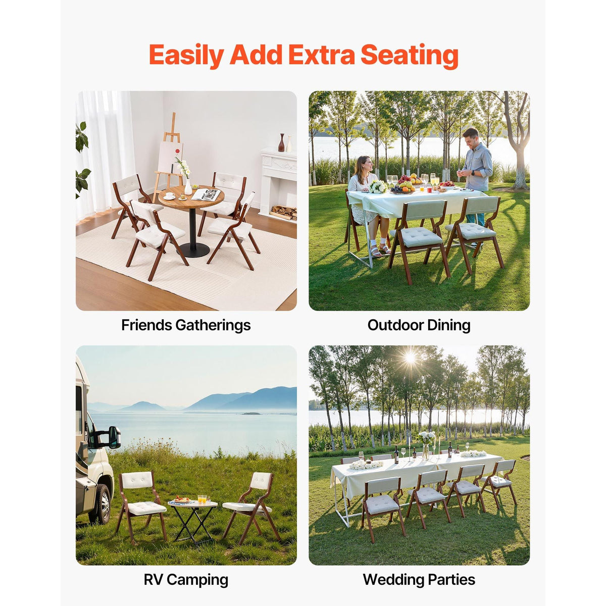 Wooden Folding Chairs with Cushion, Set of 4, Portable Foldable Cushion Chair with Wooden Frame, Modern Padded Dining Chair for Kitchen, Office, Wedding, Party, Dining Room, Easy Assembly, White