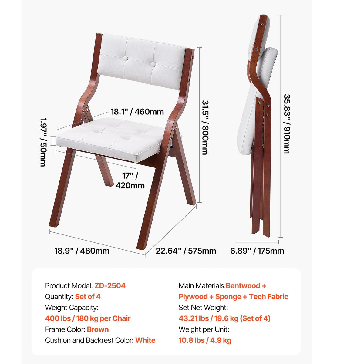 Wooden Folding Chairs with Cushion, Set of 4, Portable Foldable Cushion Chair with Wooden Frame, Modern Padded Dining Chair for Kitchen, Office, Wedding, Party, Dining Room, Easy Assembly, White