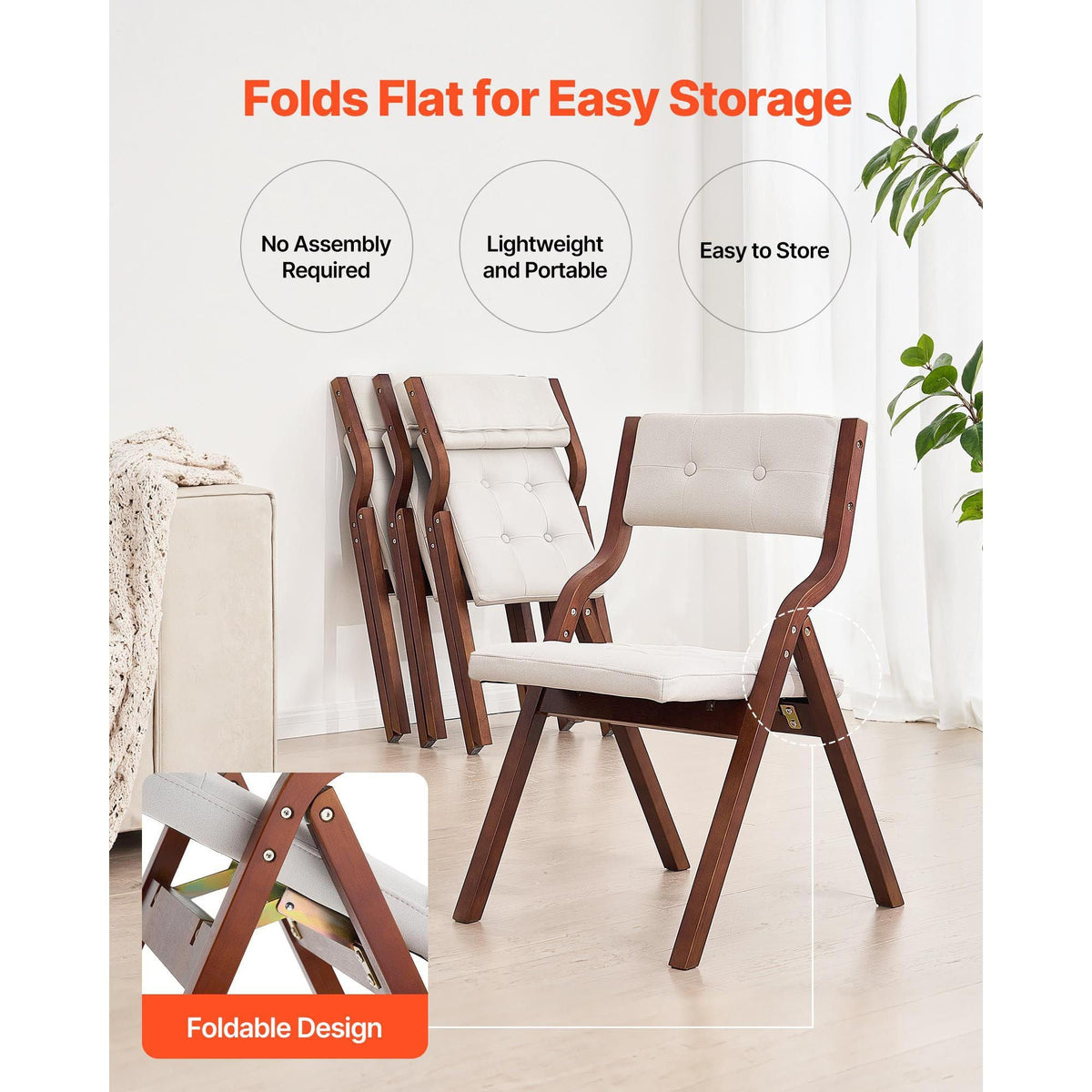 Wooden Folding Chairs with Cushion, Set of 4, Portable Foldable Cushion Chair with Wooden Frame, Modern Padded Dining Chair for Kitchen, Office, Wedding, Party, Dining Room, Easy Assembly, White