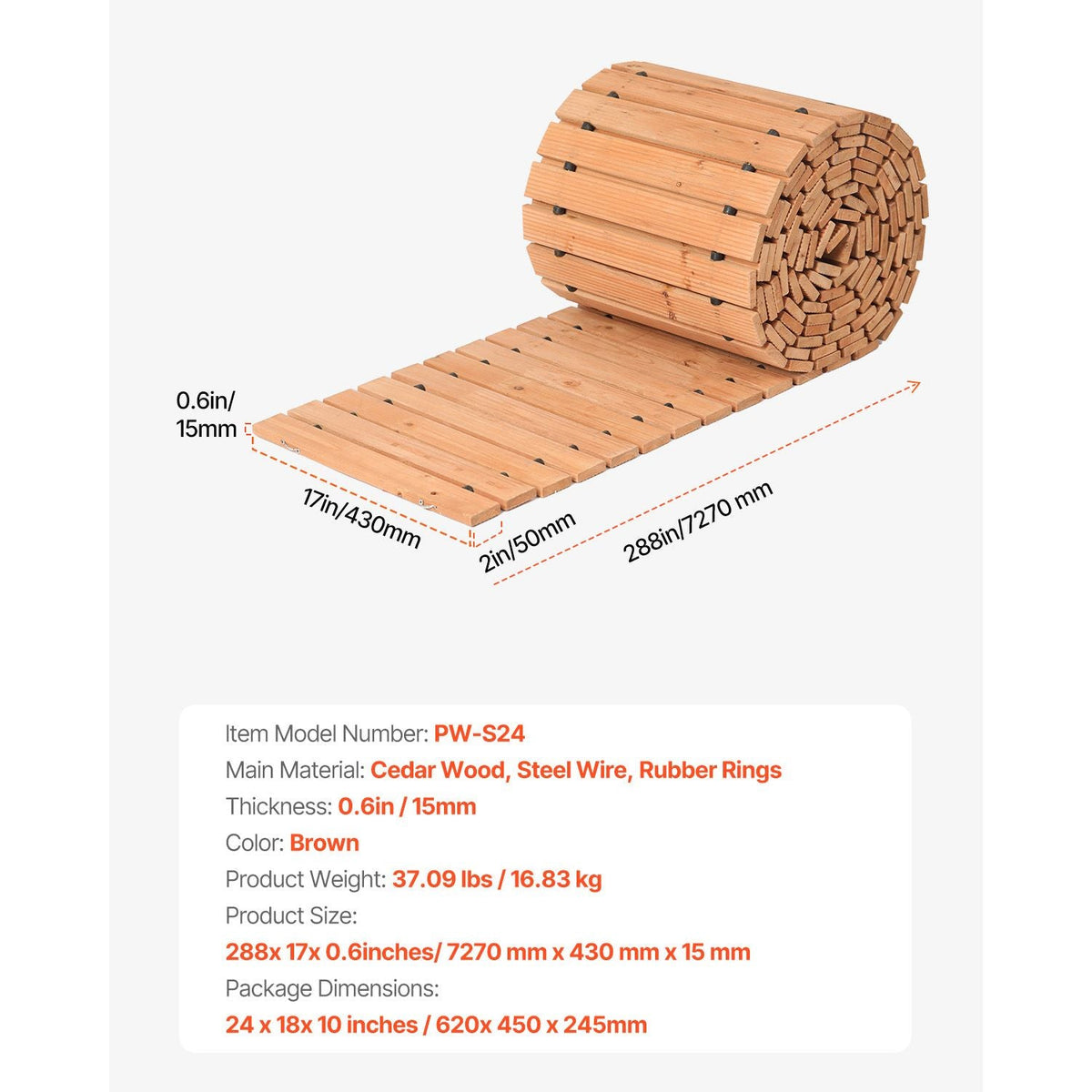 Wooden Garden Pathway, 24 ft L x 17 in W, Non-Slip Straight Garden Walkway, Roll Out Cedar Outdoor Walkway Path with Wire Rope Connection, Decorative Garden Paver for Backyard Wedding Party