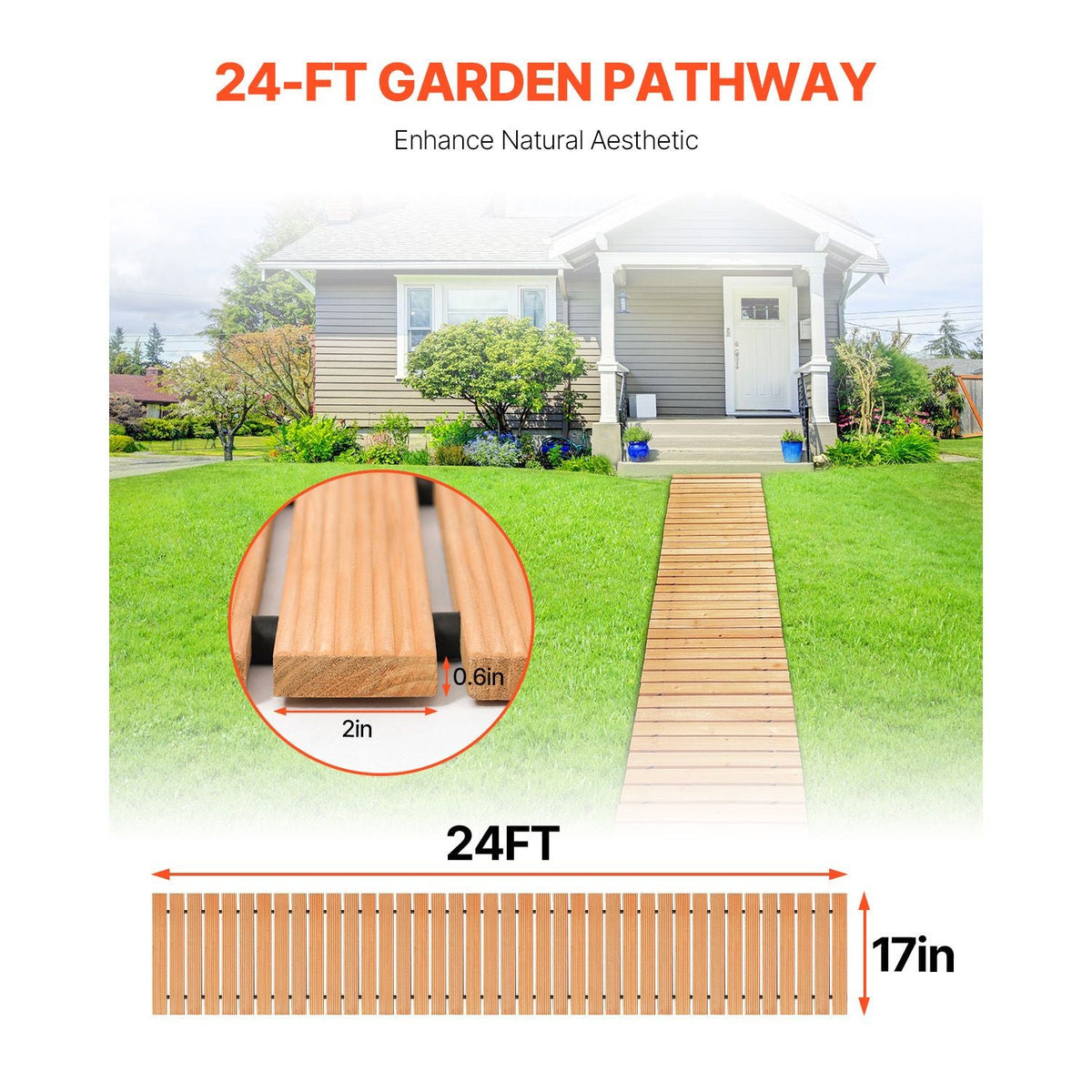 Wooden Garden Pathway, 24 ft L x 17 in W, Non-Slip Straight Garden Walkway, Roll Out Cedar Outdoor Walkway Path with Wire Rope Connection, Decorative Garden Paver for Backyard Wedding Party