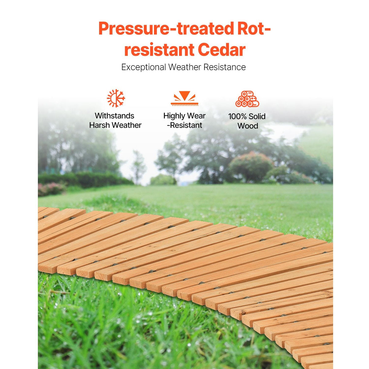 Wooden Garden Pathway, 7 ft x 17 in, Non-Slip Curved Garden Walkway, Roll Out Cedar Outdoor Walkway Path with Wire Rope Connection, Decorative Lawn Paver for Backyard Boardwalk Wedding Party