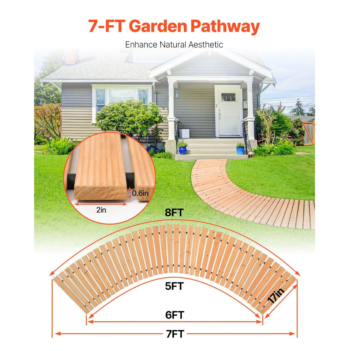 Wooden Garden Pathway, 7 ft x 17 in, Non-Slip Curved Garden Walkway, Roll Out Cedar Outdoor Walkway Path with Wire Rope Connection, Decorative Lawn Paver for Backyard Boardwalk Wedding Party