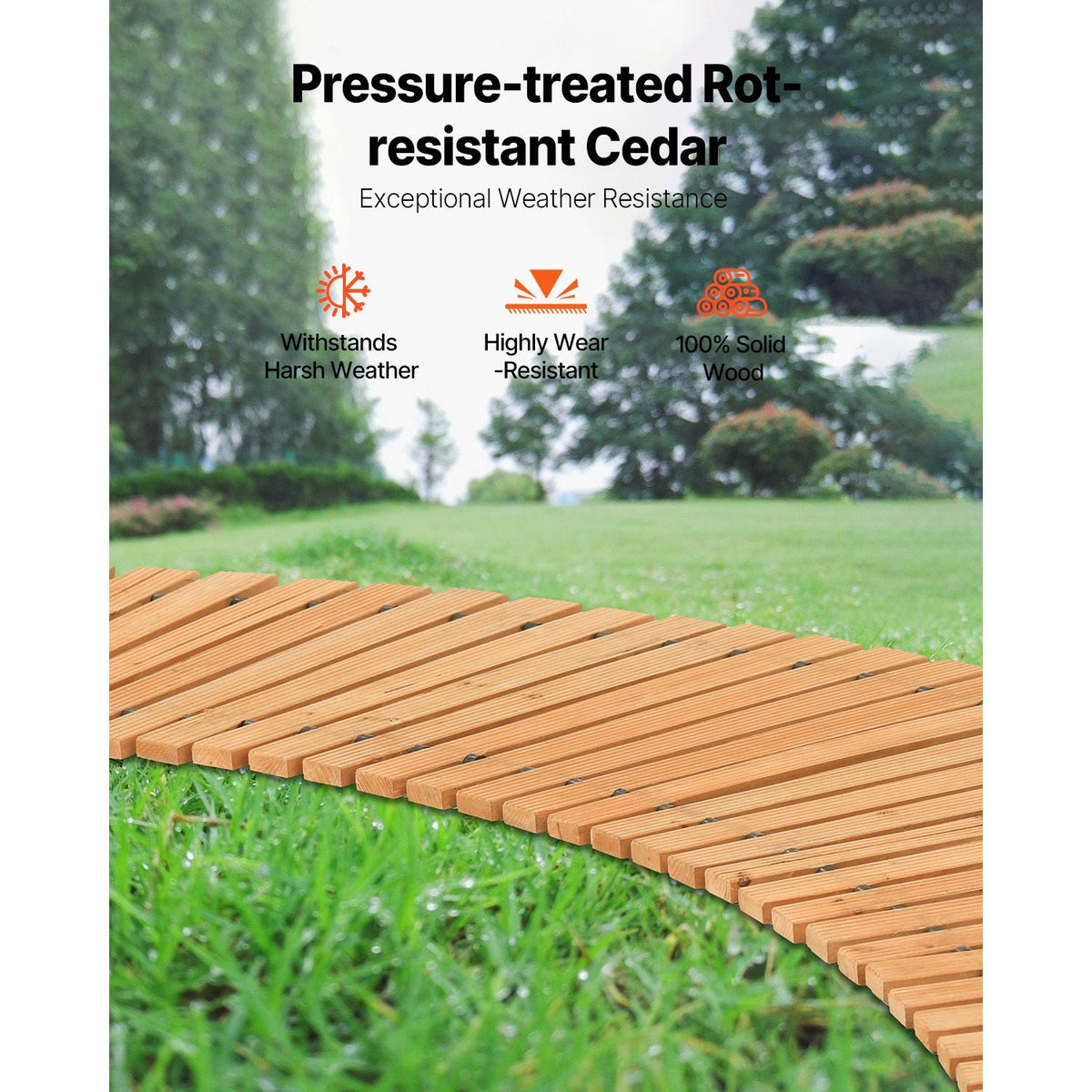 Wooden Garden Pathway, 8 ft x 17 in, Non-Slip Curved Garden Walkway, Roll Out Cedar Outdoor Walkway Path with Wire Rope Connection, Decorative Lawn Paver for Backyard Boardwalk Wedding Party