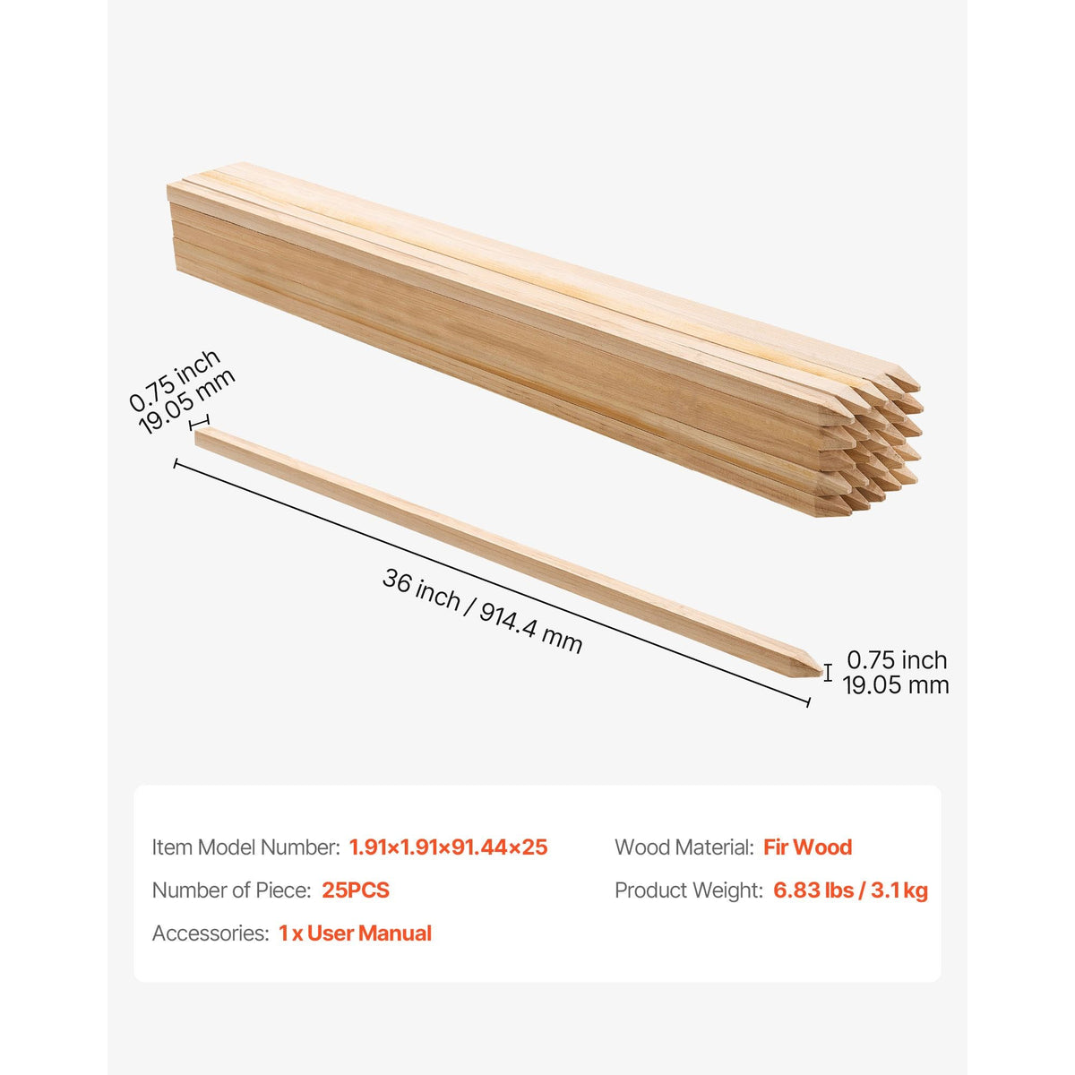 Wooden Garden Stakes, 25 Pcs 36x0.75x0.75 in Survey Grading Stakes, Garden Ground Stake with Sharp Point, Fir Wood Plant Support Stake, Sign Posts for Silt Fence Backyard Boundaries Baselines