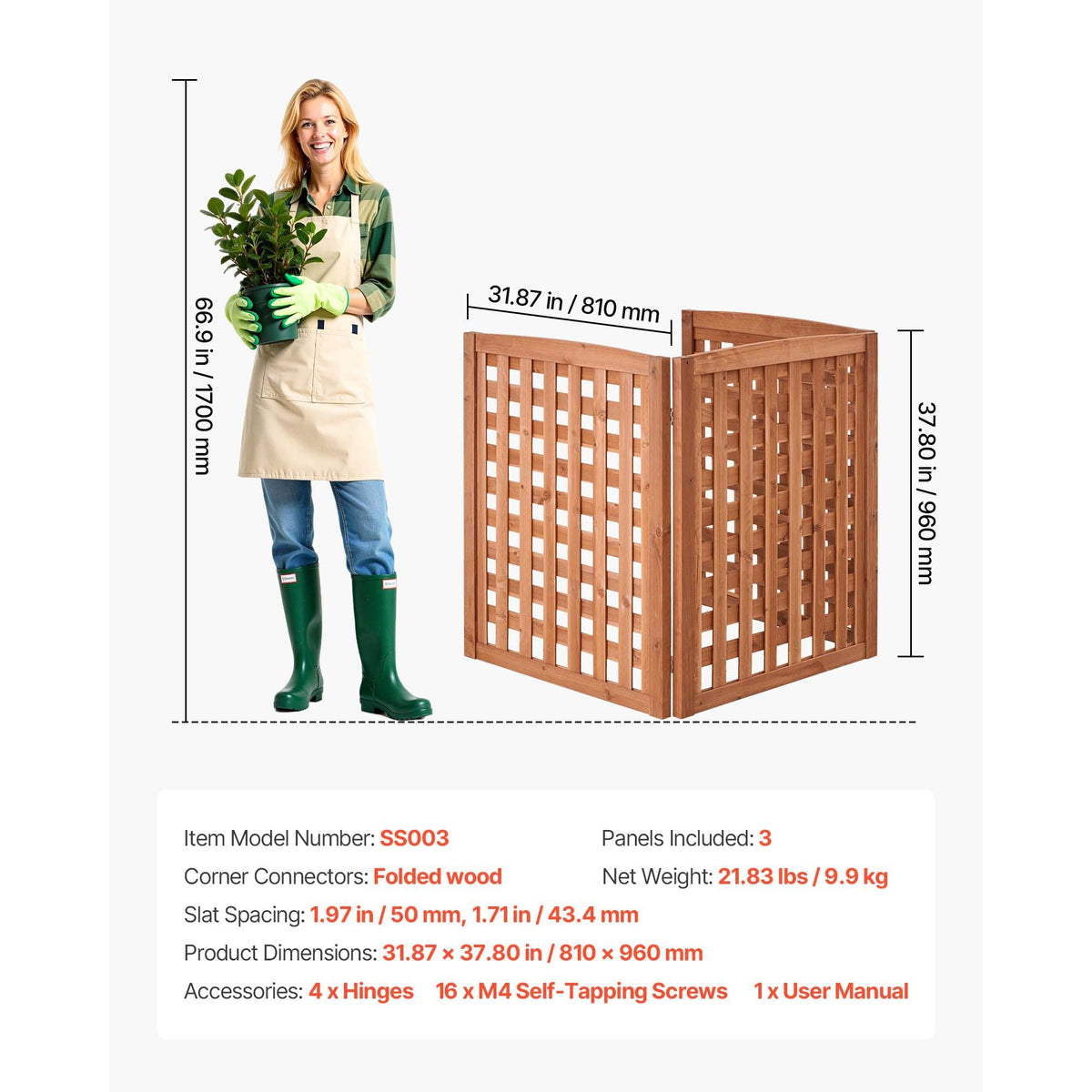 Wooden Privacy Fence, 32 x 38 inch Air Conditioner Fence, 3 Panel Solid Outdoor Wood Privacy Screen with Adjustable Angle, Hinge-Reinforced Structure, Trash Can Hider Fences for Garden