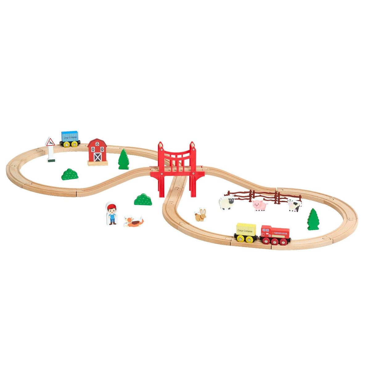 Wooden Train Set, 39PCS, Wood Train Track with Magnetic Trains and Railway Accessories, Compatible with Major Brands, Small Town, Christmas Birthday Toy for Kids Toddlers Ages 3-8 Boys and Girls