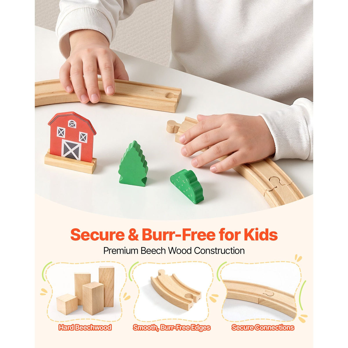 Wooden Train Set, 39PCS, Wood Train Track with Magnetic Trains and Railway Accessories, Compatible with Major Brands, Small Town, Christmas Birthday Toy for Kids Toddlers Ages 3-8 Boys and Girls