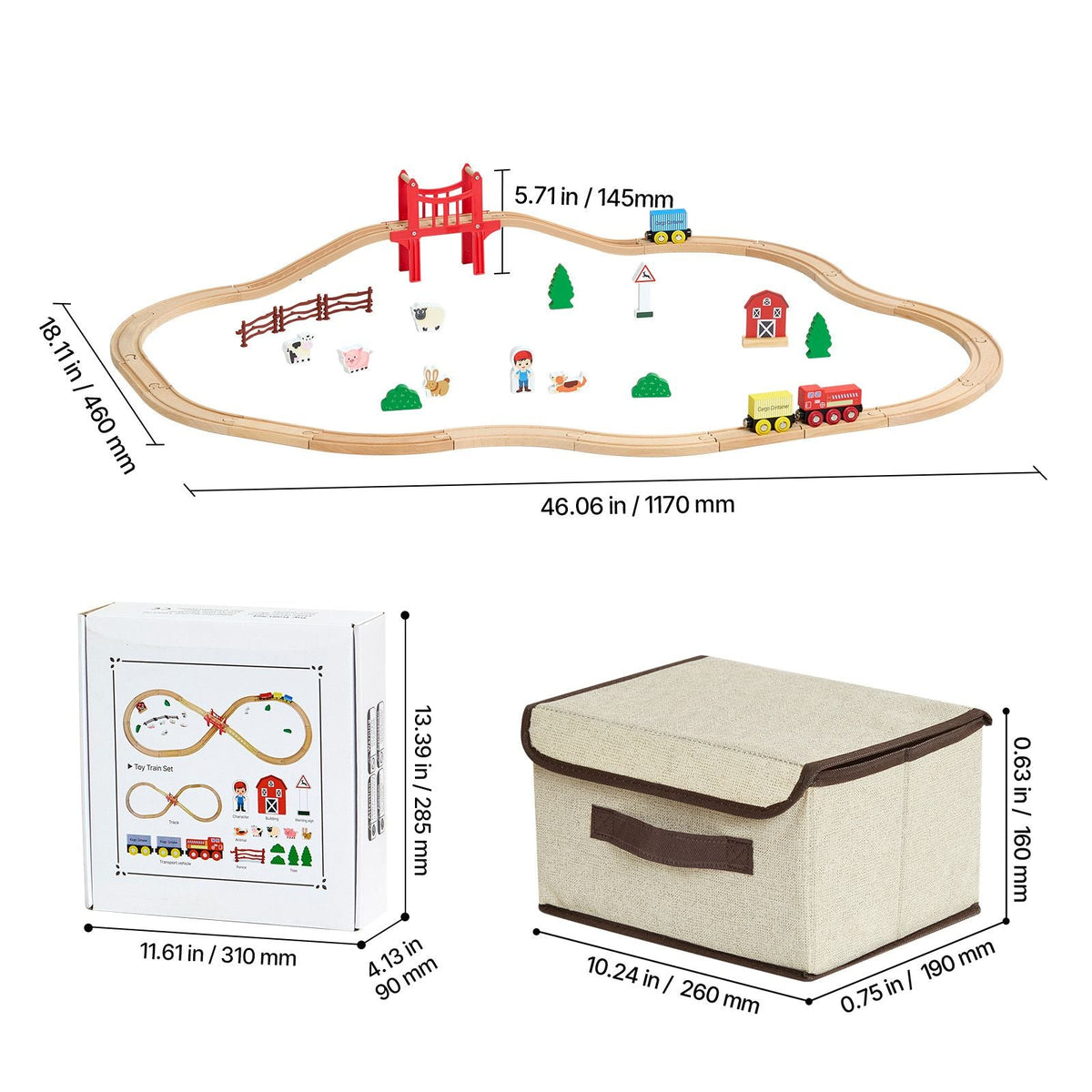 Wooden Train Set, 39PCS, Wood Train Track with Magnetic Trains and Railway Accessories, Compatible with Major Brands, Small Town, Christmas Birthday Toy for Kids Toddlers Ages 3-8 Boys and Girls