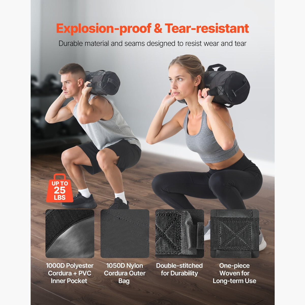 Workout Sandbag, Heavy Duty Workout Power Bags with Handles, 5-25 lbs Adjustable Slam Bag for Fitness Strength Weight Training Cross-Training, Home Gym Exercise, Black (Unfilled)