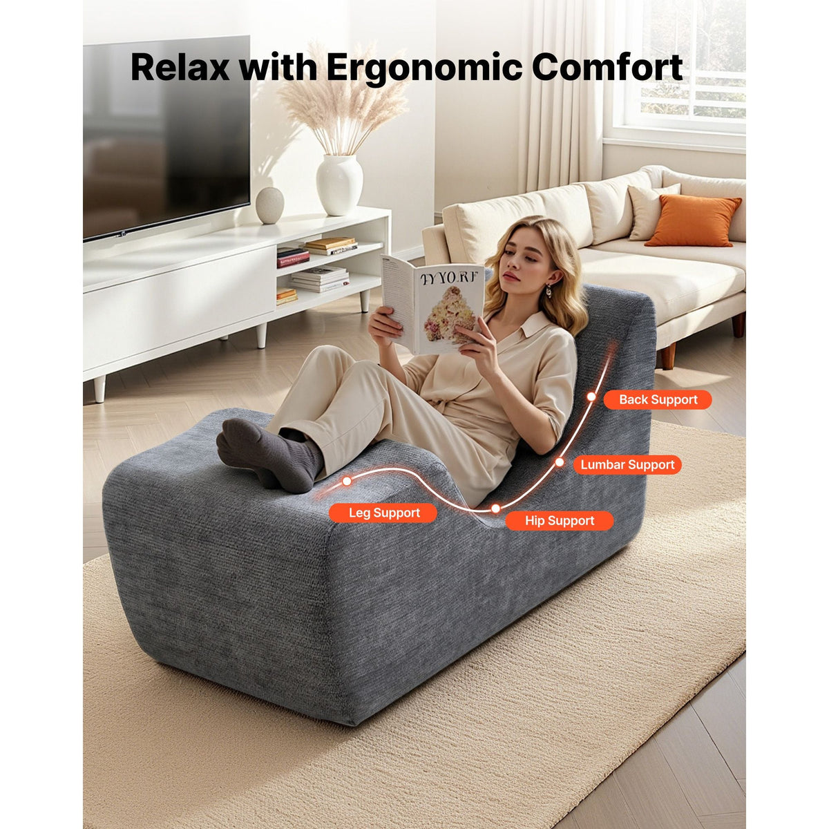 Yoga Chair Chaise, Ergonomic Chaise Lounge Chair for Yoga, Modern Boneless Curved Foam Lounge Indoor for Massage, Stretching, Relaxation, Exercise, Used in Living Room, Bedroom, Balcony, Grey