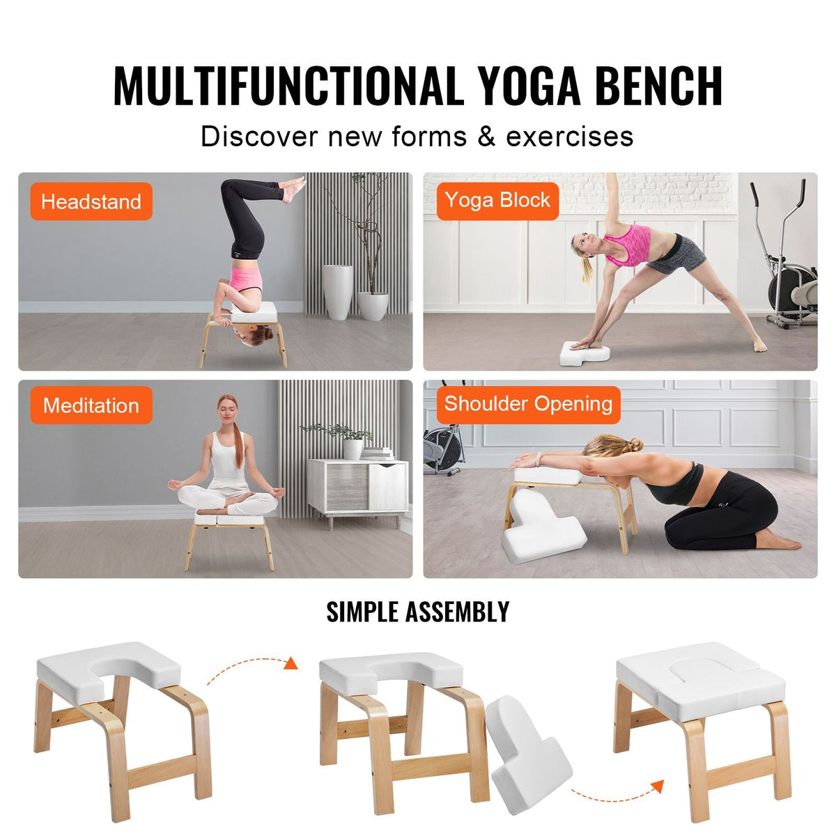 Yoga Headstand Bench, 300 lbs Capacity Yoga Inversion Chair for Family Gym, Headstand Trainer with Wood Frame & PU Pad, Stand Yoga Stool for Strength Balance Training, Relieve Fatigue, White