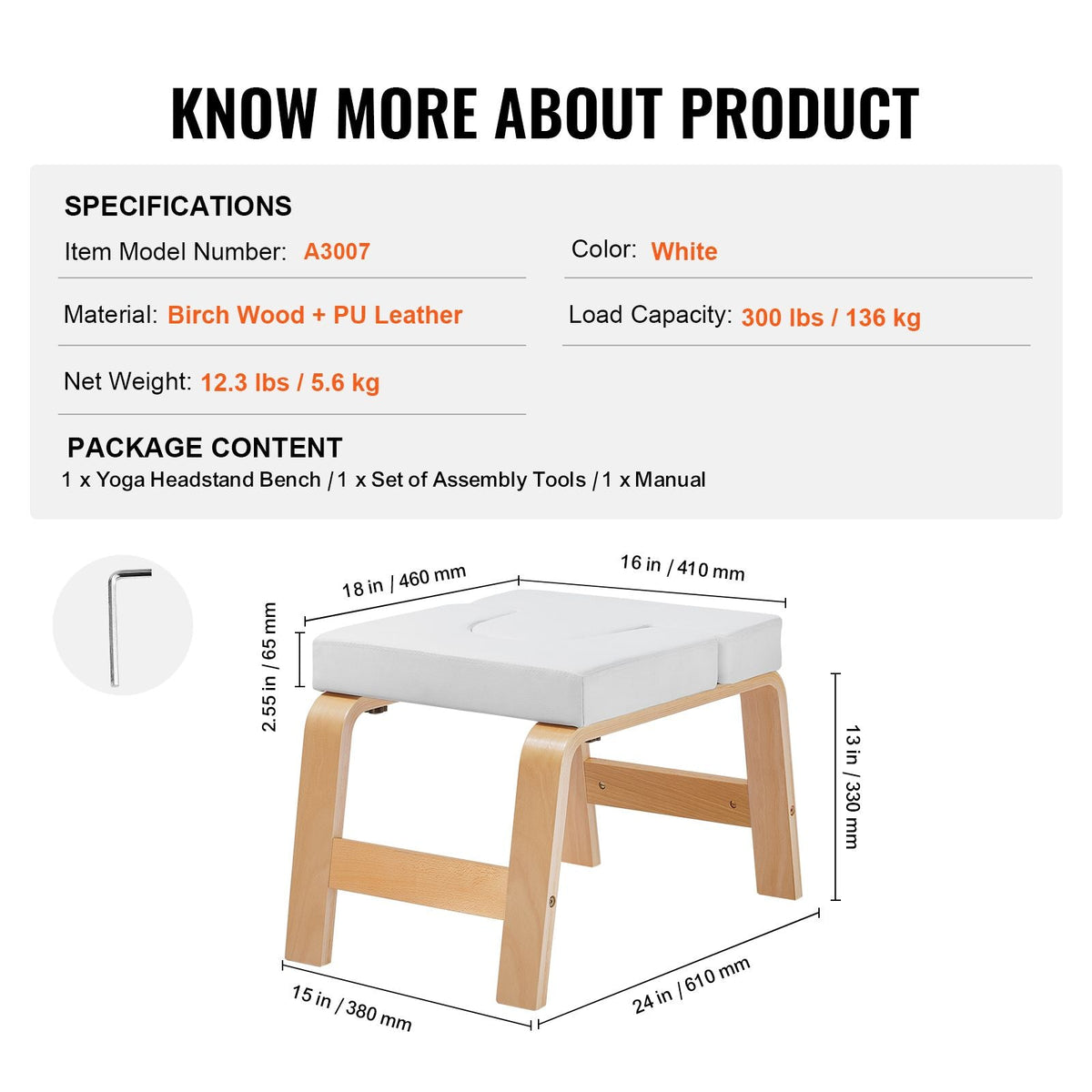 Yoga Headstand Bench, 300 lbs Capacity Yoga Inversion Chair for Family Gym, Headstand Trainer with Wood Frame & PU Pad, Stand Yoga Stool for Strength Balance Training, Relieve Fatigue, White