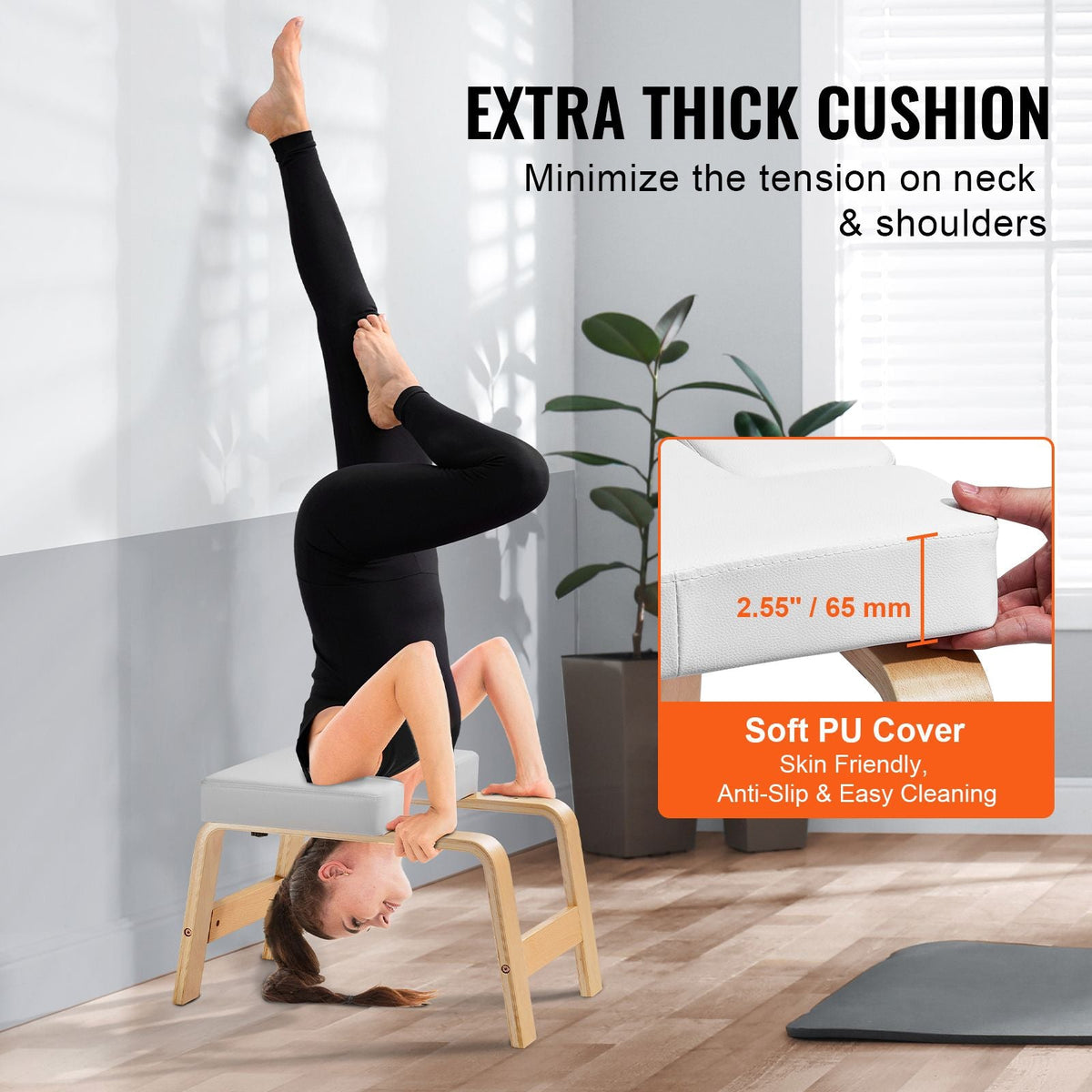 Yoga Headstand Bench, 300 lbs Capacity Yoga Inversion Chair for Family Gym, Headstand Trainer with Wood Frame & PU Pad, Stand Yoga Stool for Strength Balance Training, Relieve Fatigue, White