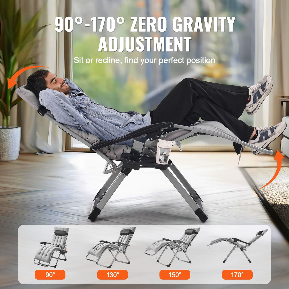 Zero Gravity Chair, 26 inch Zero Gravity Recliner Lounge Chair for Indoor and Outdoor, Adjustable Anti Gravity Chair with Cushion, Headrest, Footrest, and Cupholder, 500 lbs, Gray