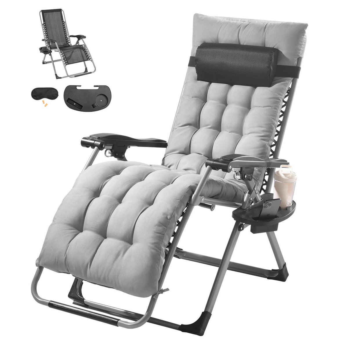 Zero Gravity Chair, 26 inch Zero Gravity Recliner Lounge Chair for Indoor and Outdoor, Adjustable Anti Gravity Chair with Cushion, Headrest, Footrest, and Cupholder, 500 lbs, Gray